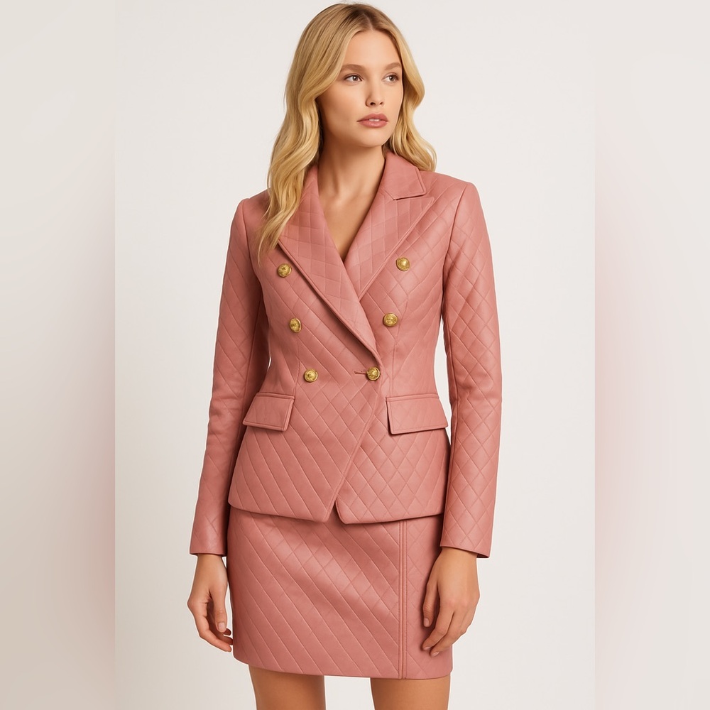 ROSEVELVET 2 Piece Quilted Faux Leather Suit Set Blazer Jacket Skirt Set Mauve L
